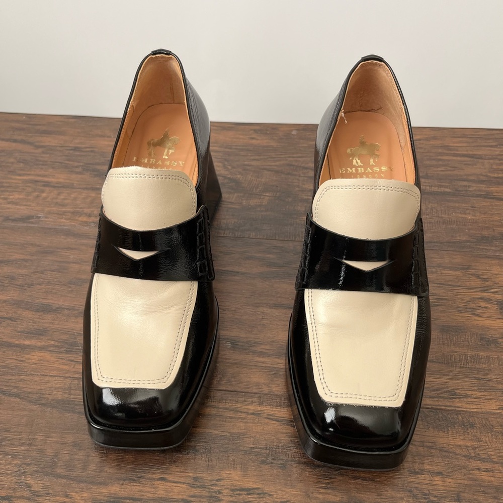 Embassy London Tamara Heeled Chunky Patent Leather Loafers Size 37 Black White - Picture 5 of 9